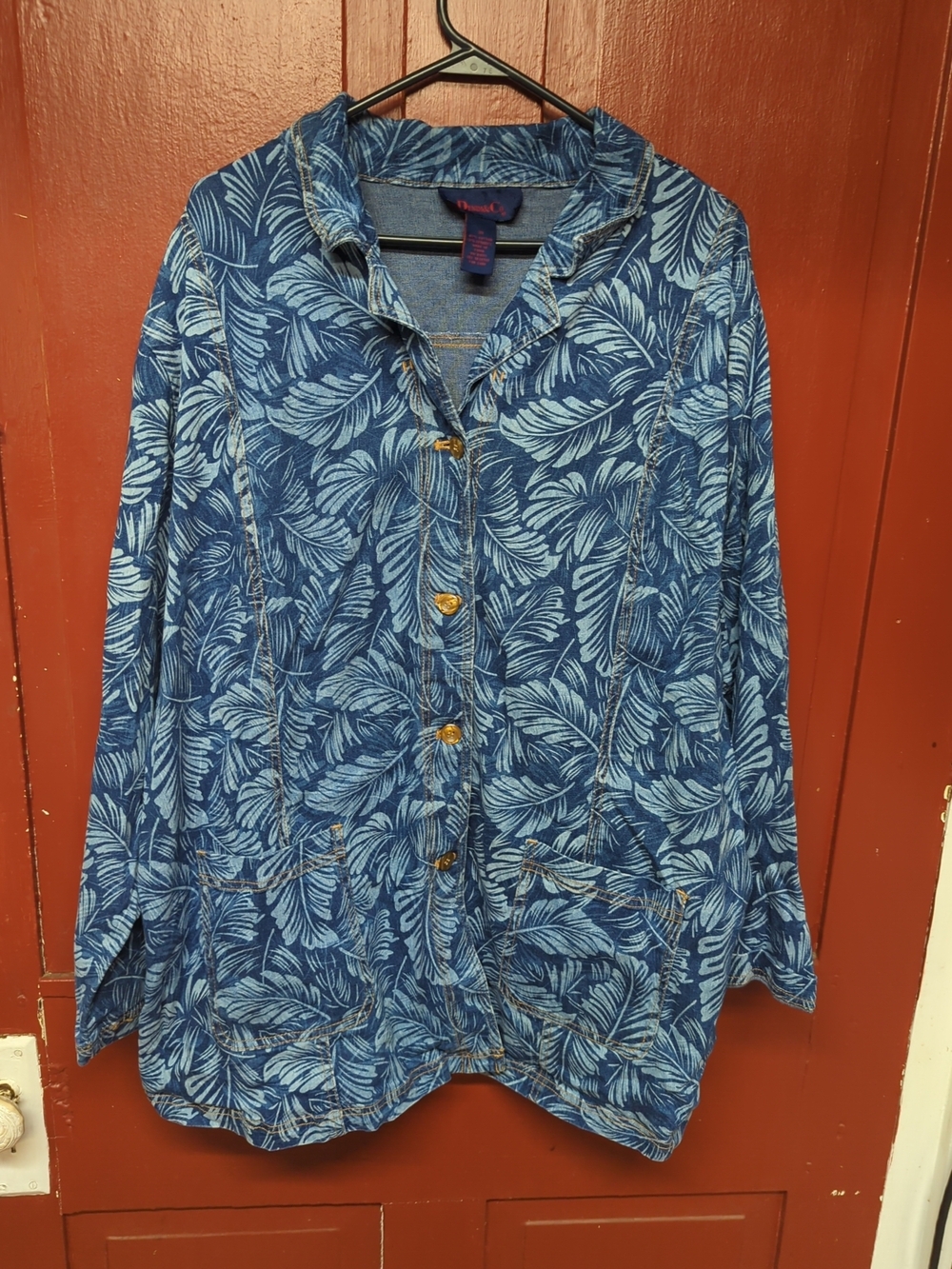 Denim&Co Blue Leaf-Print Denim Jacket with Gold Buttons
